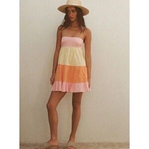 NWT Sabo Strapless Tiered Babydoll Mini Dress Sz 6 Colorblock Cotton Slub Boho